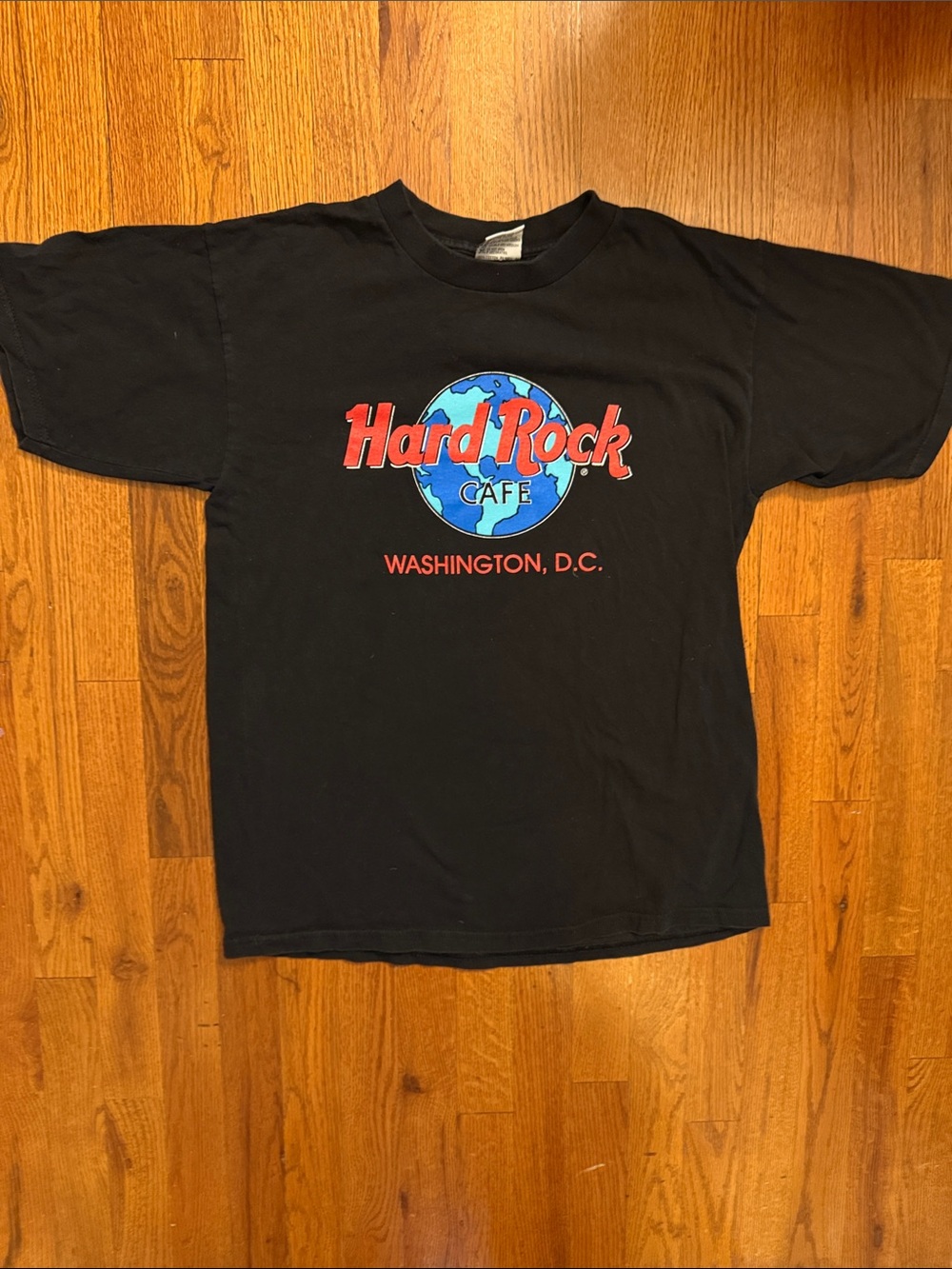 VINTAGE Hard Rock Cafe Black Tee with Red & Blue Globe Logo, Y2K